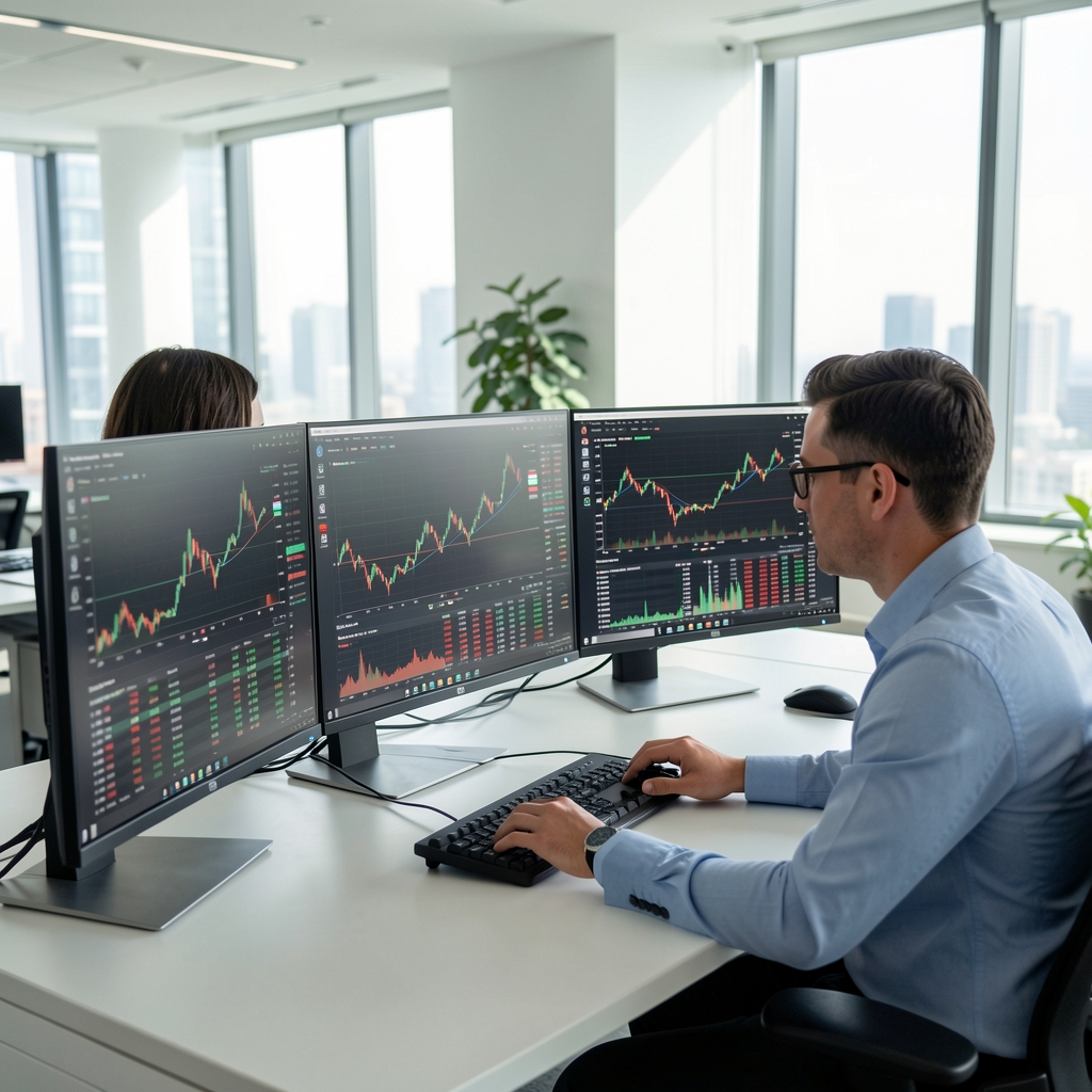 İki finansal analistin büyük monitörlerde çok sayıda piyasa grafiği ve veri tablosu incelemesi, aydınlık modern ofis ortamı