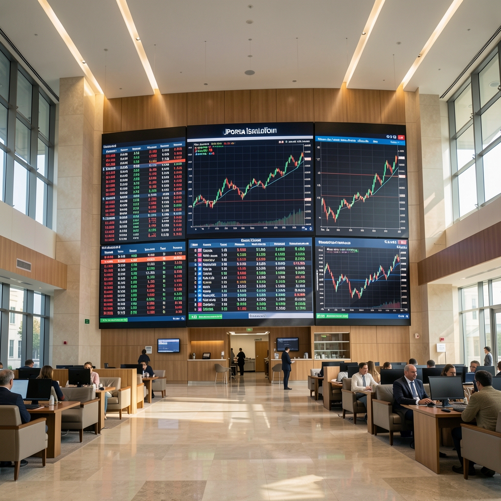 Borsa İstanbul işlem salonundaki ekranlarda anlık hisse senedi fiyatları ve grafikleri, dinamik piyasa ortamı
