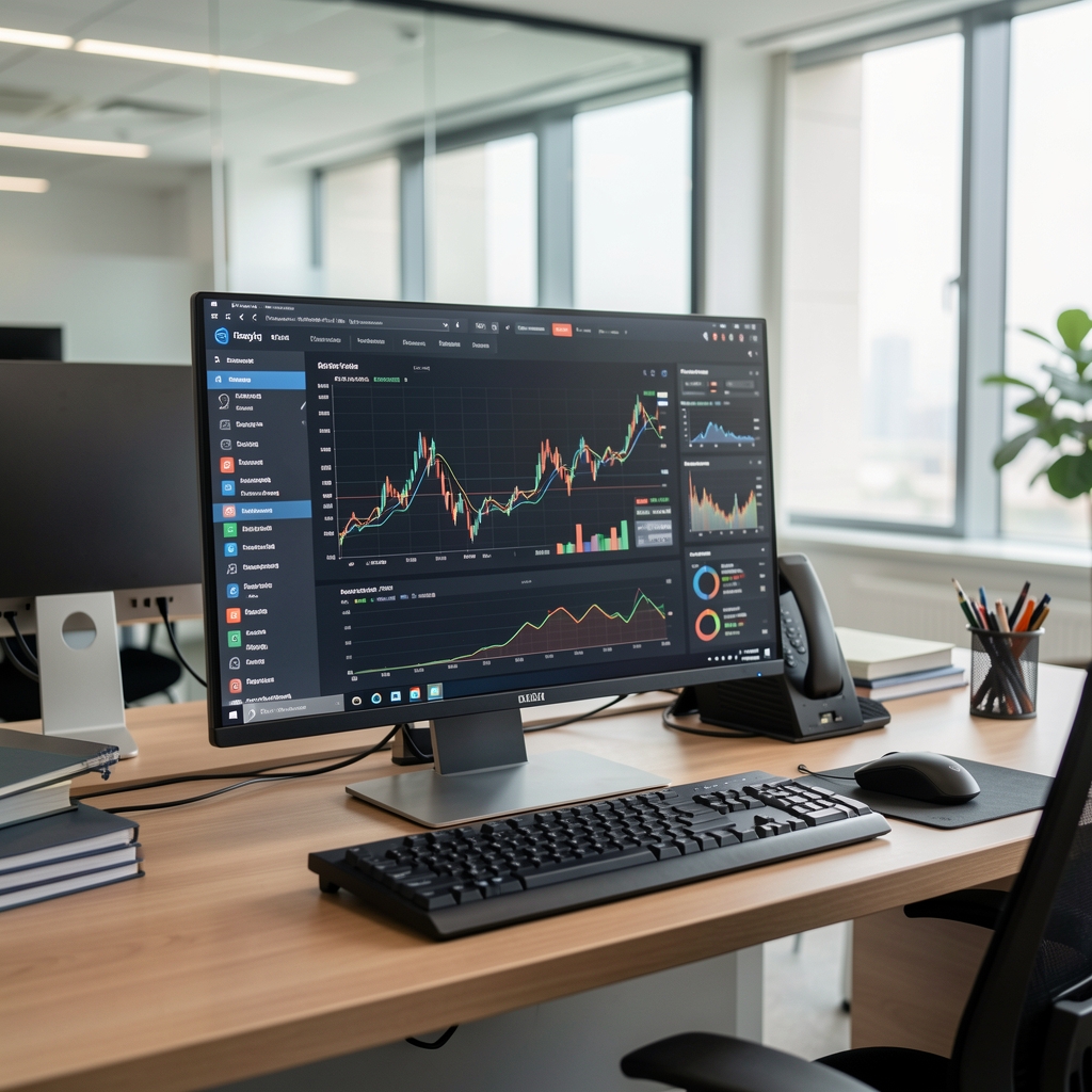 Finansal risk yönetim kavramını temsil eden modern iş dünyası ortamında grafik ve veri panosu, profesyonel ofis