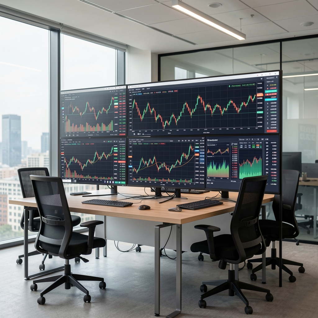 Büyük ekranlarda finansal veri göstergeleri ve borsa grafikleri incelenirken modern analist ofisi ortamı