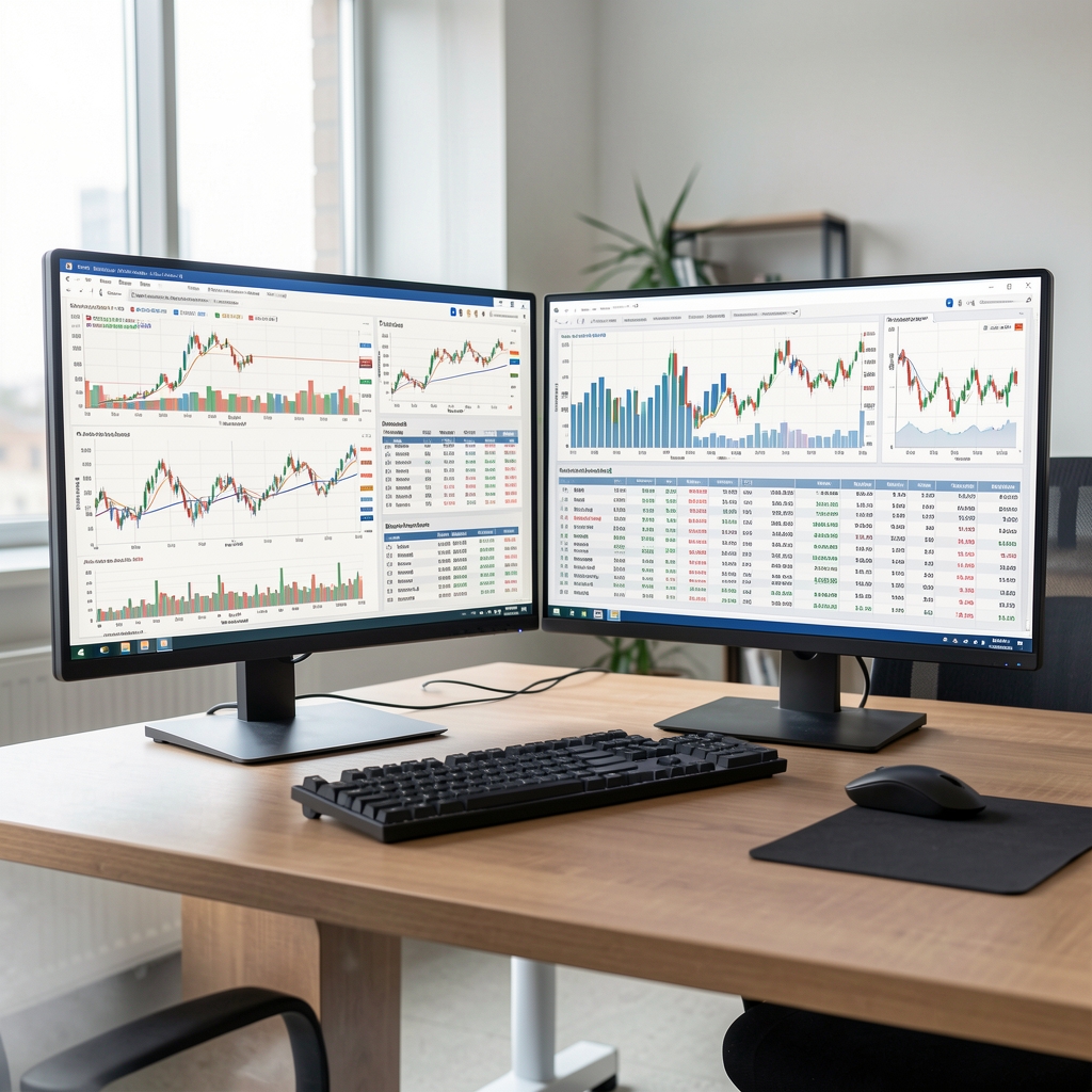 Portföy analizi için kullanılan çok sayıda finansal grafik ve tablo içeren profesyonel analist çalışma masası, çift monitor kurulumu