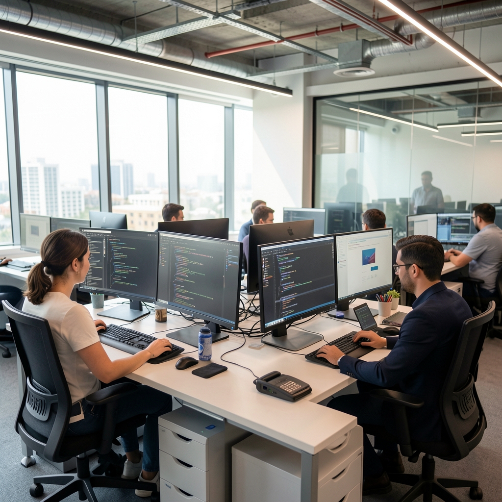 Modern Türkiye teknoloji merkezi ofis ortamı, geliştiriciler çalışma ortamı ve ekranlar